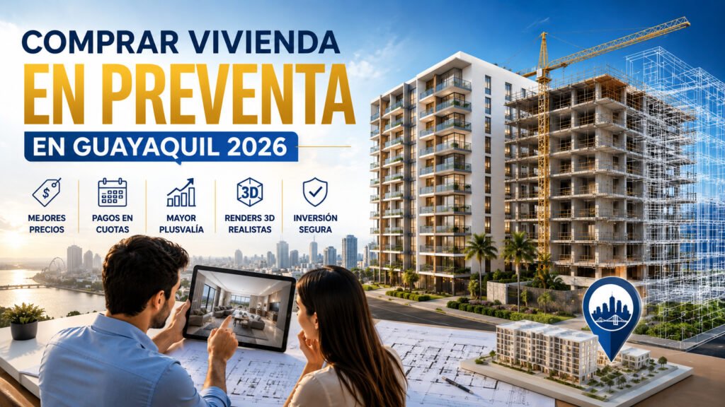 Proyecto inmobiliario en preventa en Guayaquil mostrado mediante renders 3D arquitectónicos y visualización de un edificio residencial antes de su construcción. Caption (opcional):