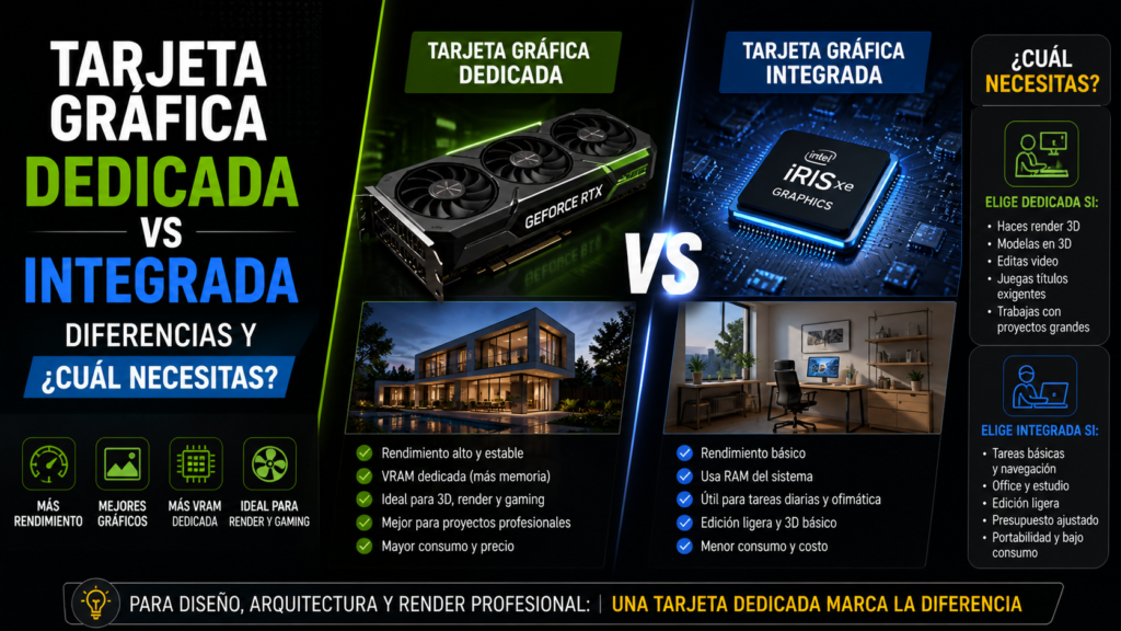 Tarjeta gráfica dedicada vs integrada comparativa mostrando diferencias de rendimiento para render 3D, diseño y uso profesional frente a tareas básicas