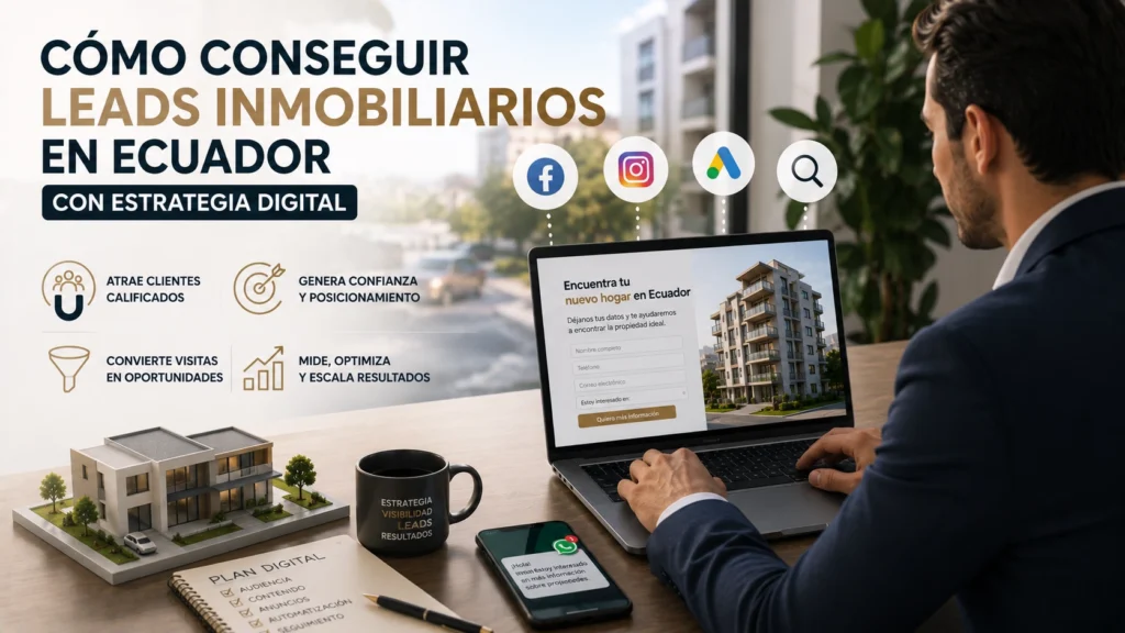 Profesional del sector inmobiliario gestionando una estrategia digital para captar leads en Ecuador mediante landing pages, redes sociales, publicidad online y automatización de marketing orientada a proyectos