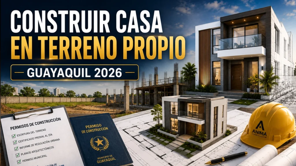 Construcción de vivienda en terreno propio en Guayaquil mostrando planos arquitectónicos, permisos de construcción y casa moderna terminada.