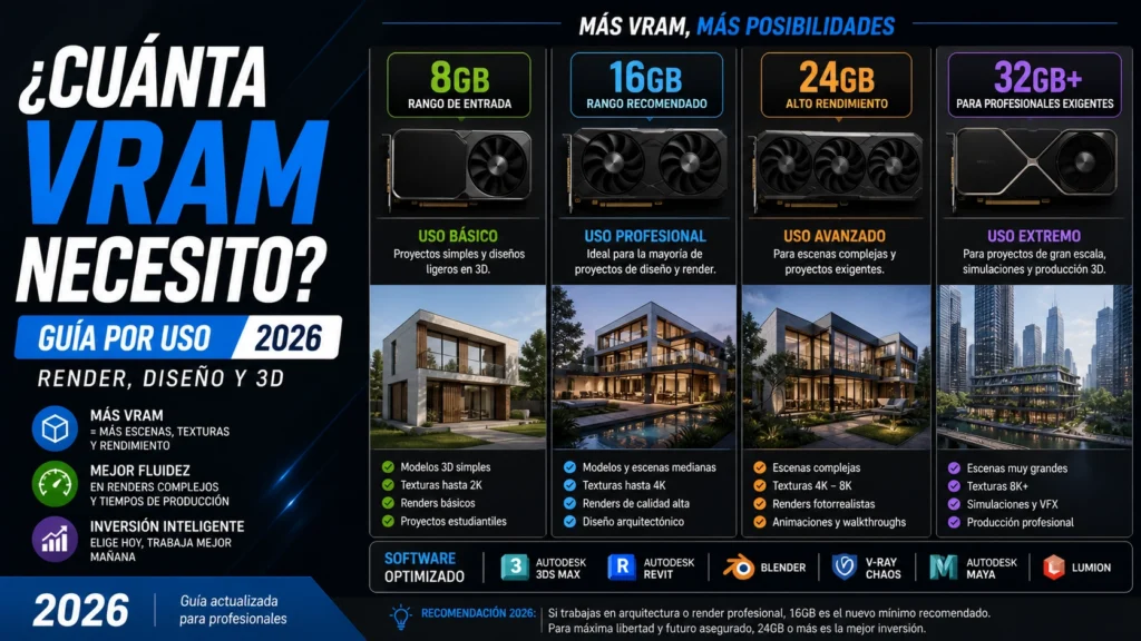 Cuánta VRAM necesito en 2026 mostrando comparativa de tarjetas gráficas con diferentes capacidades de memoria para render 3D, diseño y visualización arquitectónica