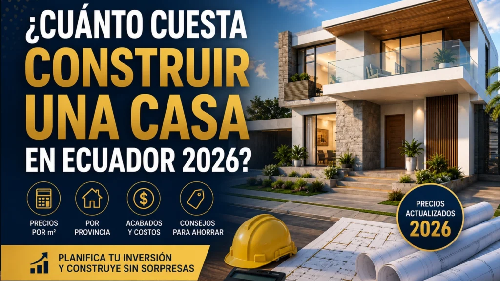 Casa moderna de dos plantas con planos arquitectónicos y casco de obra representando los costos de construcción de vivienda en Ecuador en 2026.