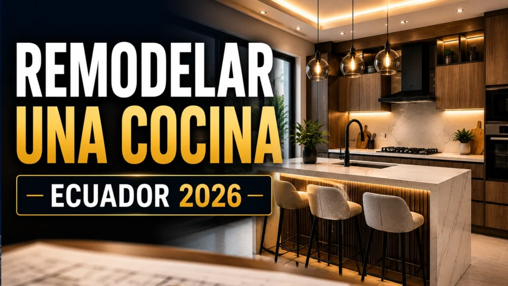 Cocina moderna remodelada con isla central, encimera de cuarzo y mobiliario contemporáneo representando una reforma de cocina en Ecuador.