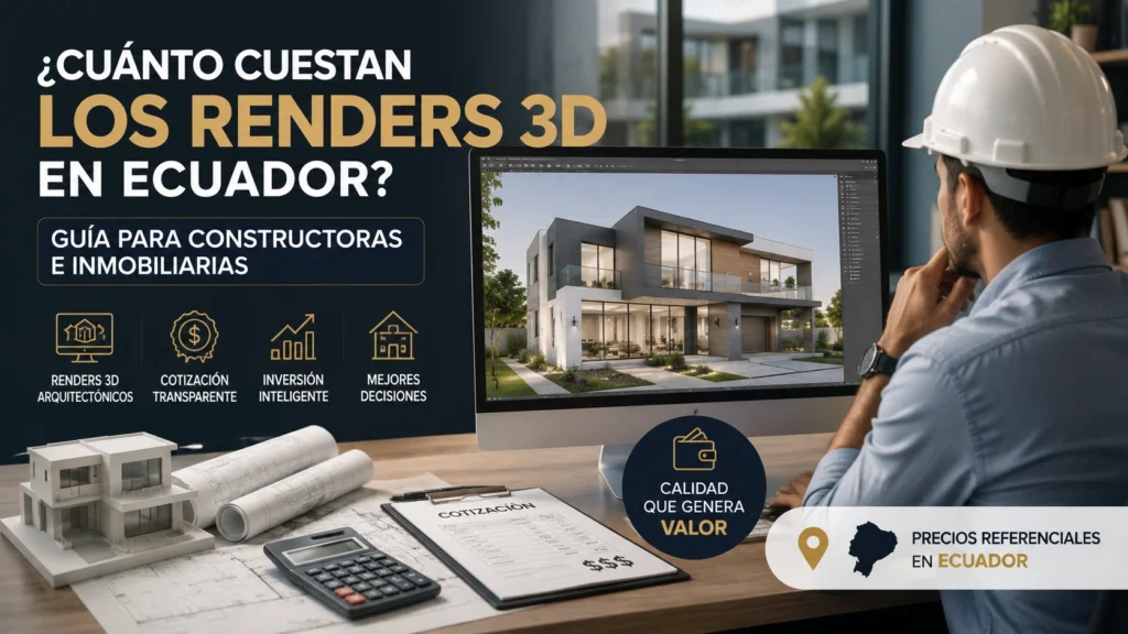 Profesional de la construcción revisando un render 3D arquitectónico de una vivienda moderna junto a planos, presupuesto y elementos de cotización para proyectos inmobiliarios en Ecuador.