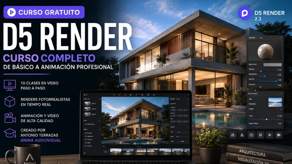 Curso gratuito de D5 Render en español con 10 clases sobre render arquitectónico, materiales, iluminación y animación profesional.