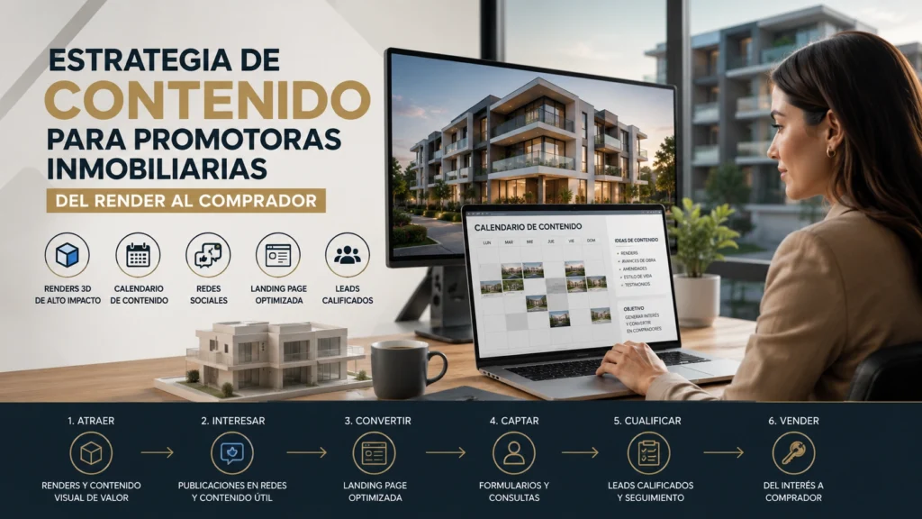 Estrategia de marketing de contenidos para promotoras inmobiliarias con renders 3D, calendario editorial, redes sociales, landing page y proceso de conversión de leads hacia compradores de vivienda.