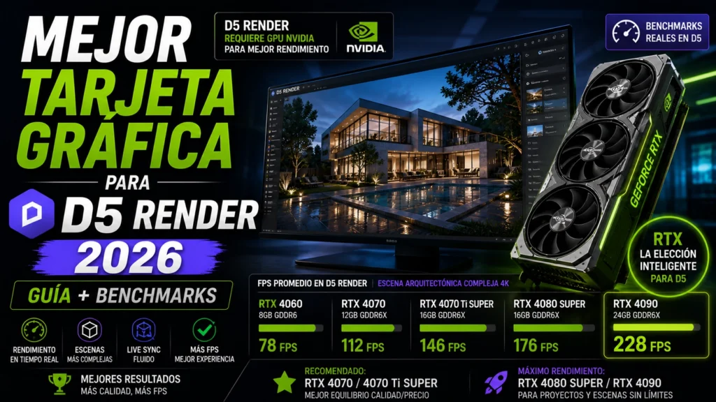Mejor tarjeta gráfica para D5 Render 2026 con comparativa de GPUs RTX y benchmarks de rendimiento en escenas arquitectónicas en tiempo real