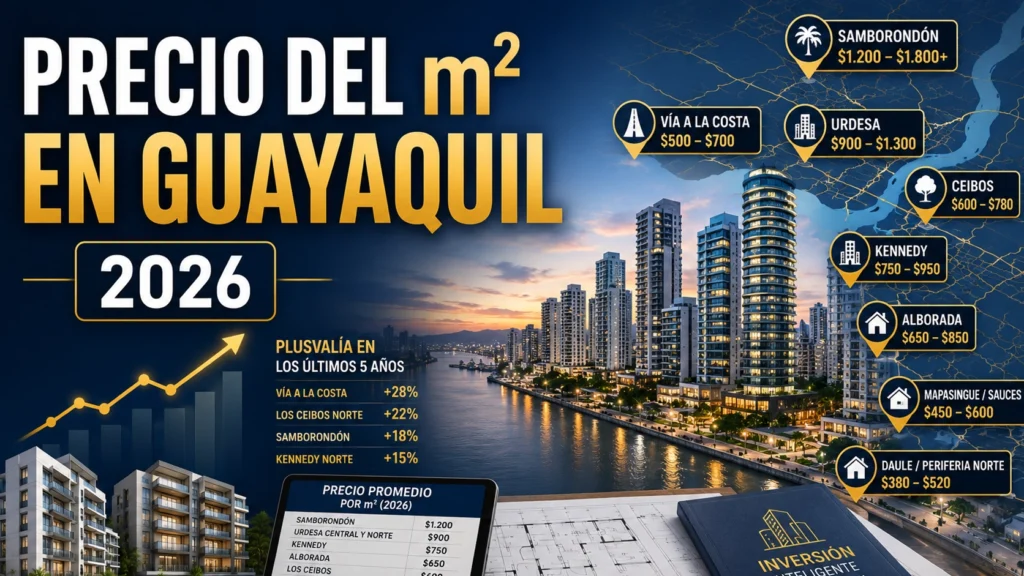 Vista inmobiliaria de Guayaquil mostrando el precio por metro cuadrado de viviendas y departamentos según diferentes sectores de la ciudad.