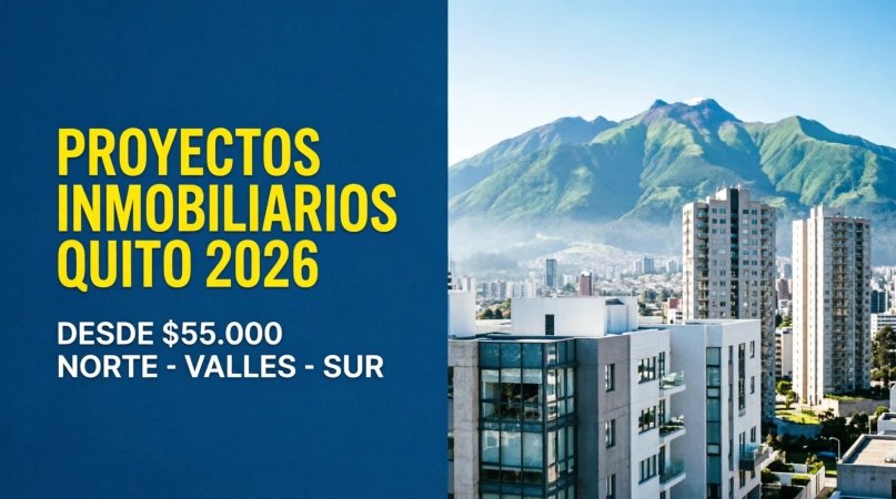 Proyectos inmobiliarios en Quito 2026: precios desde $55.000 en Norte, Valles (Cumbayá) y Sur. Departamentos en preventa con financiamiento BIESS.