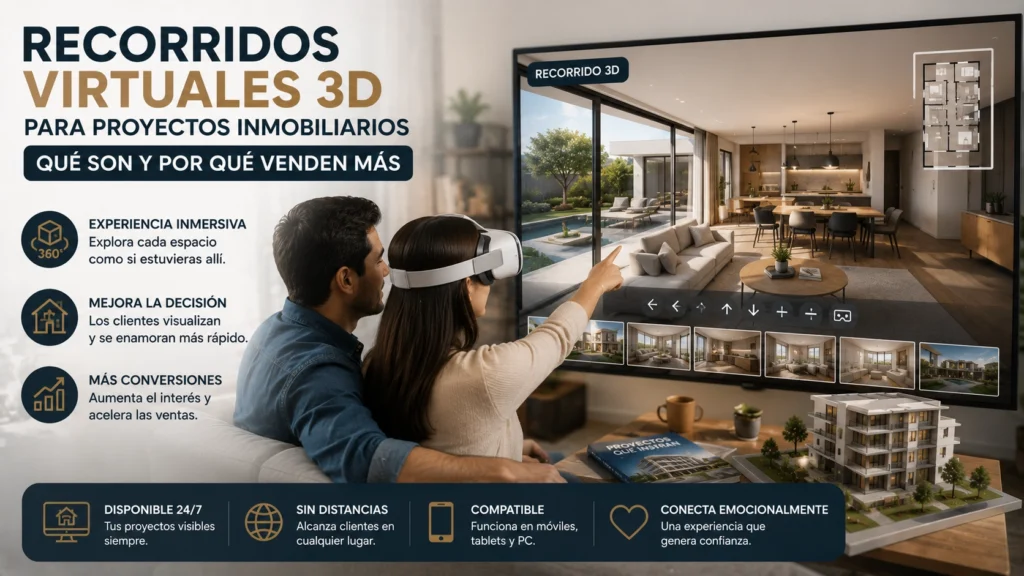 Compradores explorando un proyecto inmobiliario mediante un recorrido virtual 3D interactivo, visualizando interiores y exteriores de una vivienda moderna antes de la compra para mejorar la experiencia y aumentar las ventas.