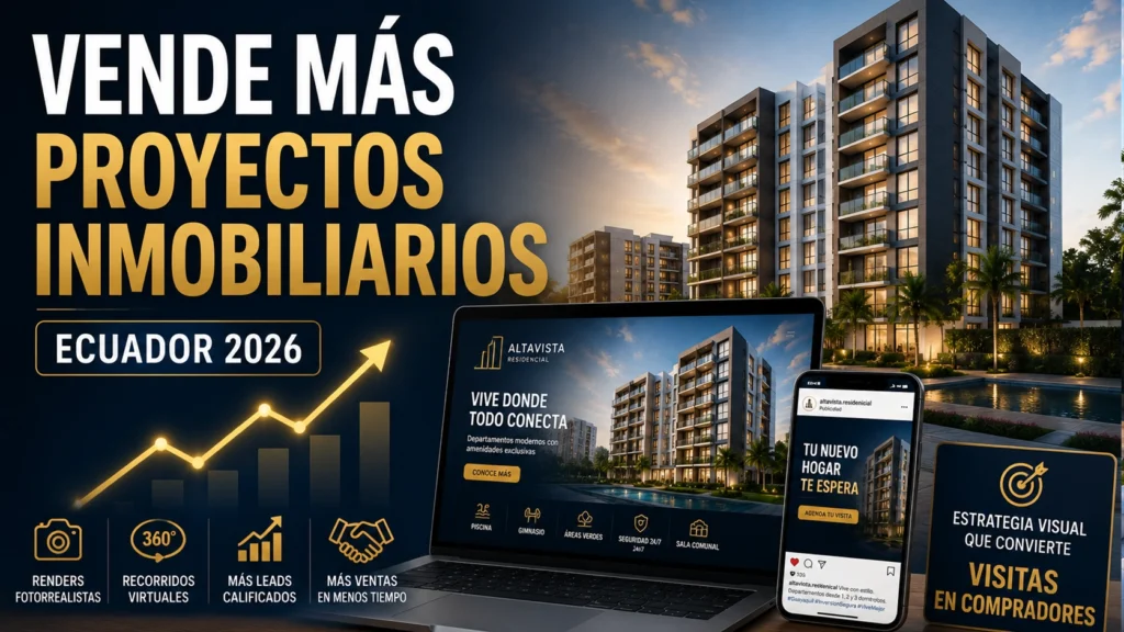 Proyecto inmobiliario residencial promocionado mediante renders 3D, recorridos virtuales y marketing digital para aumentar las ventas en Ecuador.