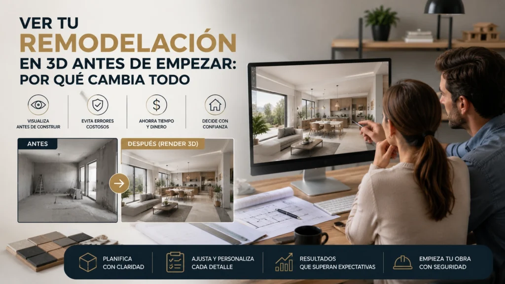 Cliente revisando un render 3D de remodelación interior junto a planos arquitectónicos, comparativa antes y después de la reforma y visualización previa para planificar una obra con mayor seguridad y precisión.