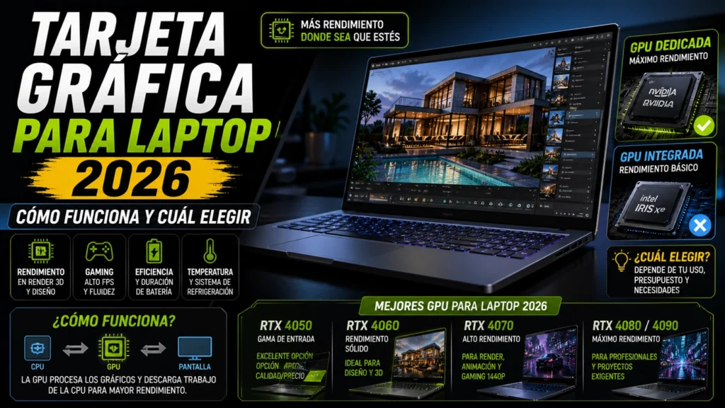 Tarjeta gráfica para laptop 2026 mostrando GPU dedicada RTX frente a gráfica integrada y rendimiento en render 3D, diseño y uso profesional en portátiles