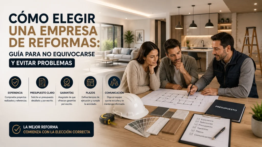 Propietarios revisando planos y presupuesto junto a una empresa de reformas en una vivienda en remodelación, evaluando experiencia, garantías, plazos y condiciones antes de contratar una obra.
