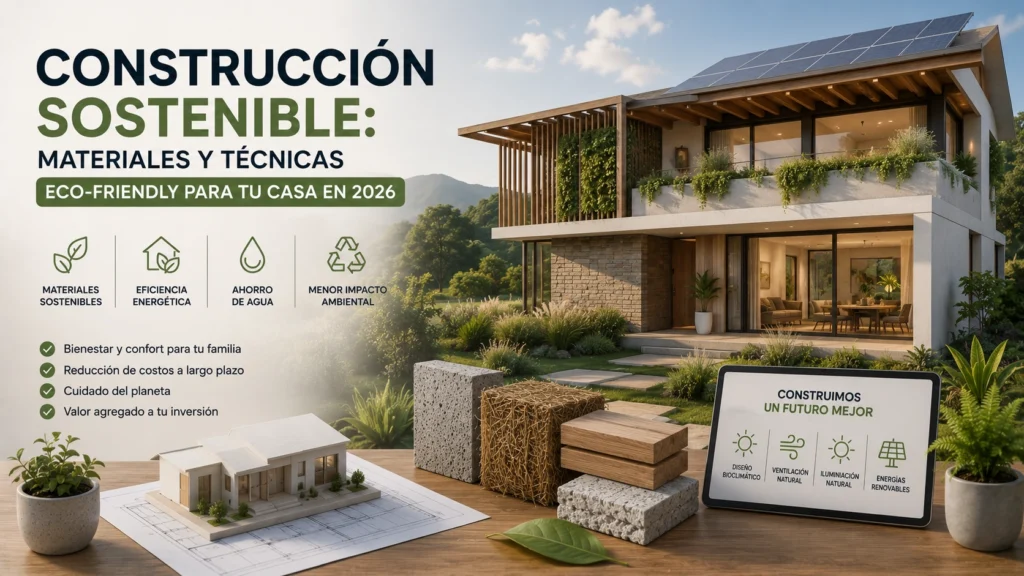 Vivienda moderna sostenible con paneles solares, materiales ecológicos y diseño eficiente, acompañada de muestras de construcción eco-friendly y soluciones de ahorro energético para hogares en 2026.