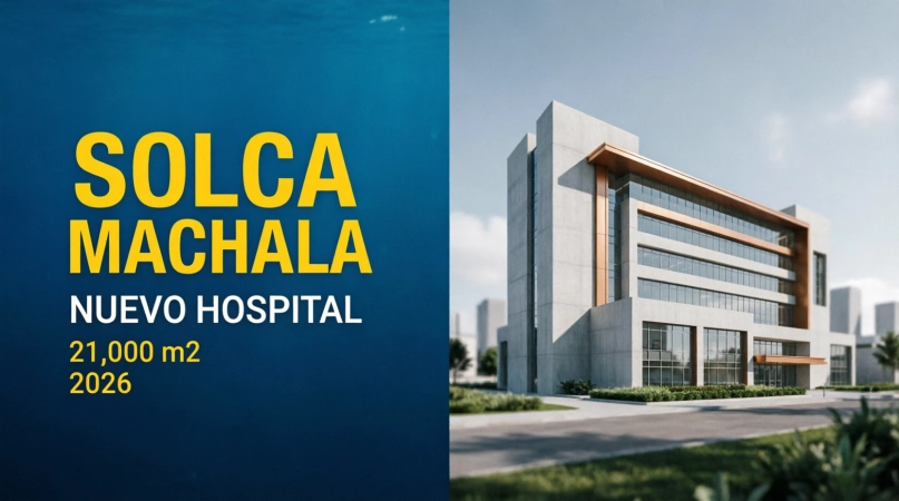 Render arquitectónico del nuevo Hospital de SOLCA Machala en construcción, proyecto de 21,000 m² con tecnología oncológica de punta para 2026.