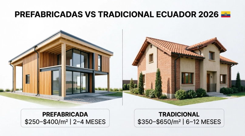 Comparativa visual de precios y tiempos entre casas prefabricadas y construcción tradicional en Ecuador 2026, mostrando renders 3D de ambos sistemas.