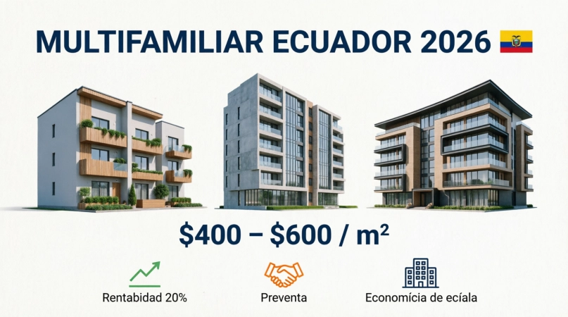 Infografía sobre el costo de construcción de vivienda multifamiliar en Ecuador 2026, mostrando el rango de $400 a $600 por m2, rentabilidad, preventa y economía de escala.