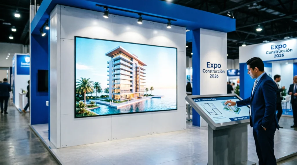 Stand interactivo con visualización 3D y pantallas táctiles en Expo Construcción 2026 Ecuador