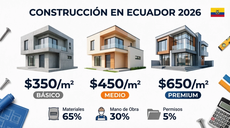 Infografía con el precio de construcción por m² en Ecuador 2026: tres niveles de acabados (básico $350, medio $450, premium $650) y desglose de costos en materiales, mano de obra y permisos.